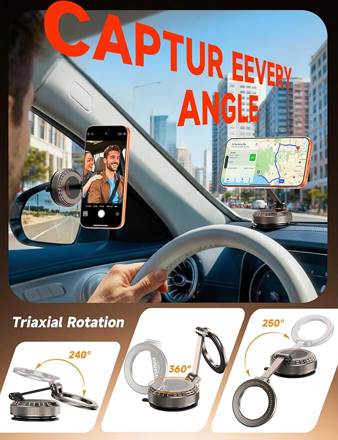 Vacuum Magnetic Phone Holders for Your Car [105+LBS Suction & 3800gf Magnetic] 360° Adjustable Magsafe Car Phone Holder Mount for iPhone 17 16 15 14 13 12 Series & Android, Pure Zinc Alloy