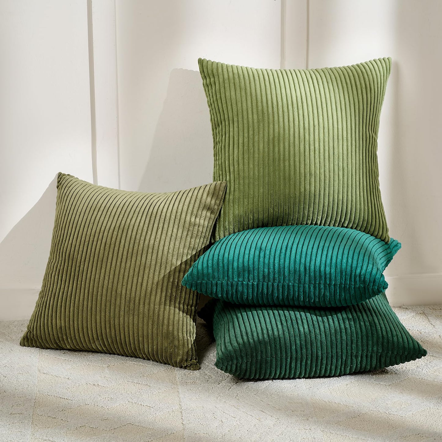 Volcanics Set of 4 Dark Green Corduroy Decorative Couch Throw Pillow Covers 18x18 Inch, Soft Modern Boho Striped Accent Cushion Cases for Home Sofa, Rustic Home Decor