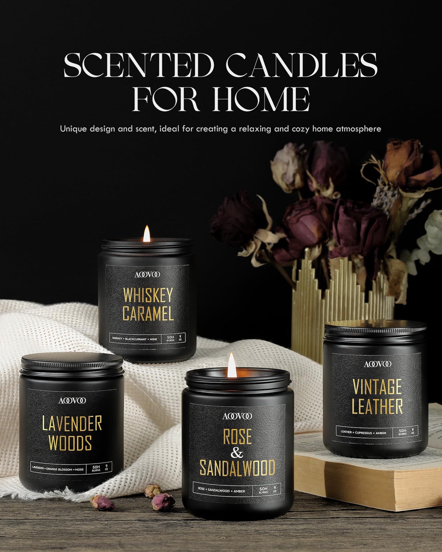 AOOVOO Scented Candles for Men - 4 Pack Candles for Home Scented, 36oz Soy Wax, 200 Hour Burn Time, Men Candle Set, Rose Sandalwood/Whiskey Caramel/Lavender/Leather Candles Set
