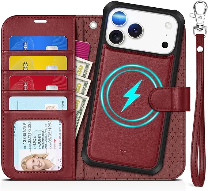 TUCCH Detachable Case Wallet for iPhone 17 Pro Max (6.9") 2025, Wrist Strap | 4 Card Slots RFID Blocking | Wireless Charging | Stand | 2-in-1 Magnetic | PU Leather | Shockproof Folio Cover | Dark Red