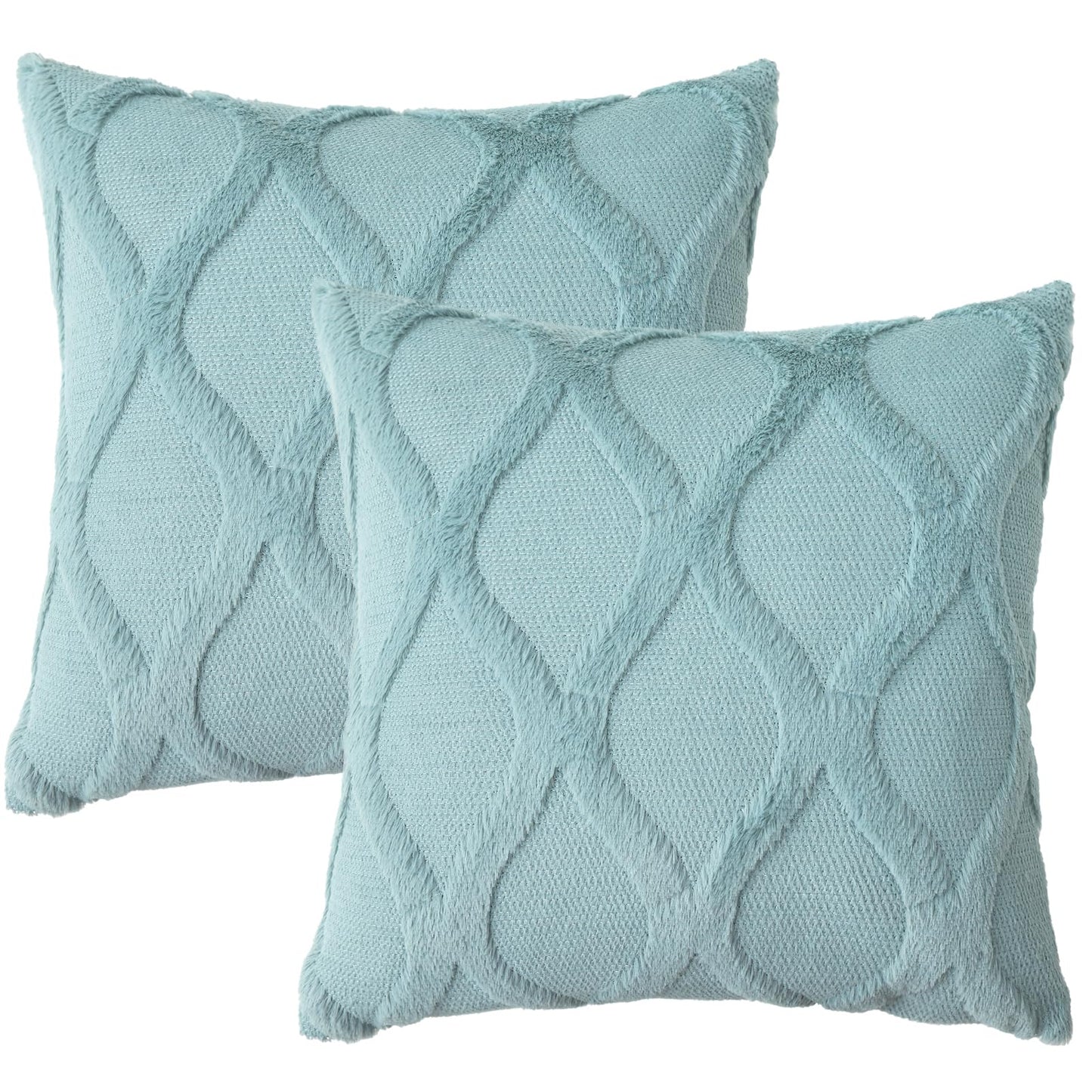 decorUhome Summer Throw Pillow Covers 18x18 Inch Set of 2, Soft Plush Faux Fur Wool Aqua Accent Couch Pillow Covers for Modern Farmhouse Bed Sofa Living Room