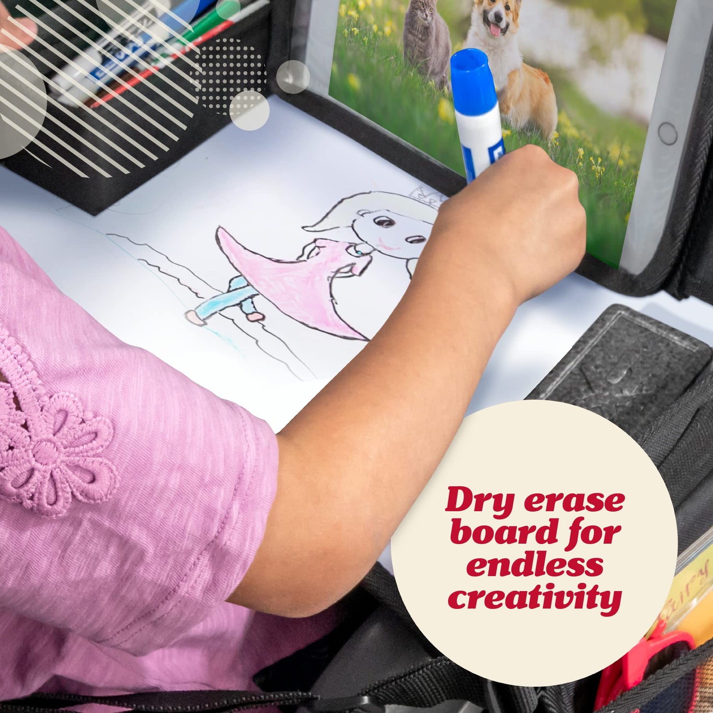 Lusso Gear Car Seat Tray - Dry-Erase Lap Desk for Kids Travel Activities - Snack & Cup Holder for Car Back Seat Organizer - Tablet Stand for Toddler Travel Essentials - Black