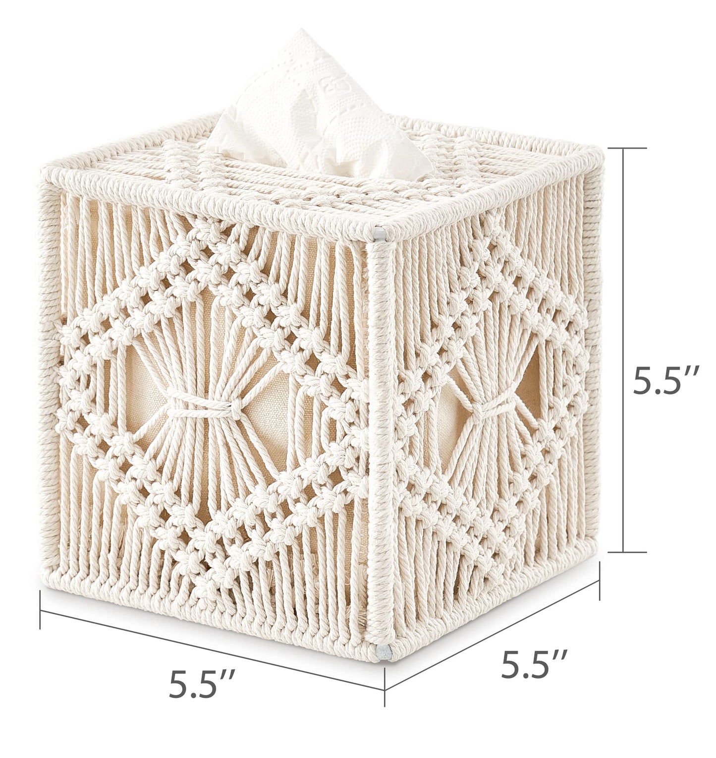 Mkono Tissue Box Cover Macrame Square Open-Bottom Tissue Box Holder Boho Decor Tissue Organizer Bohemian Handmade Woven Tissue Cube Box for Bathroom Bedroom Dresser Living Room Office Dorm, Ivory