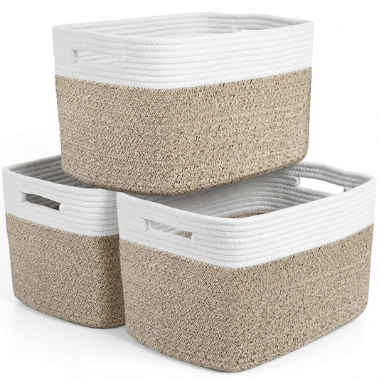 Storage Baskets for Organizing, 14 x 10 x 9” Closet Shelf Woven Baskets, Square Bins with Handles, Cotton Rope Basket for Clothes, Office, Room, White+Rice Brown 3 Pack