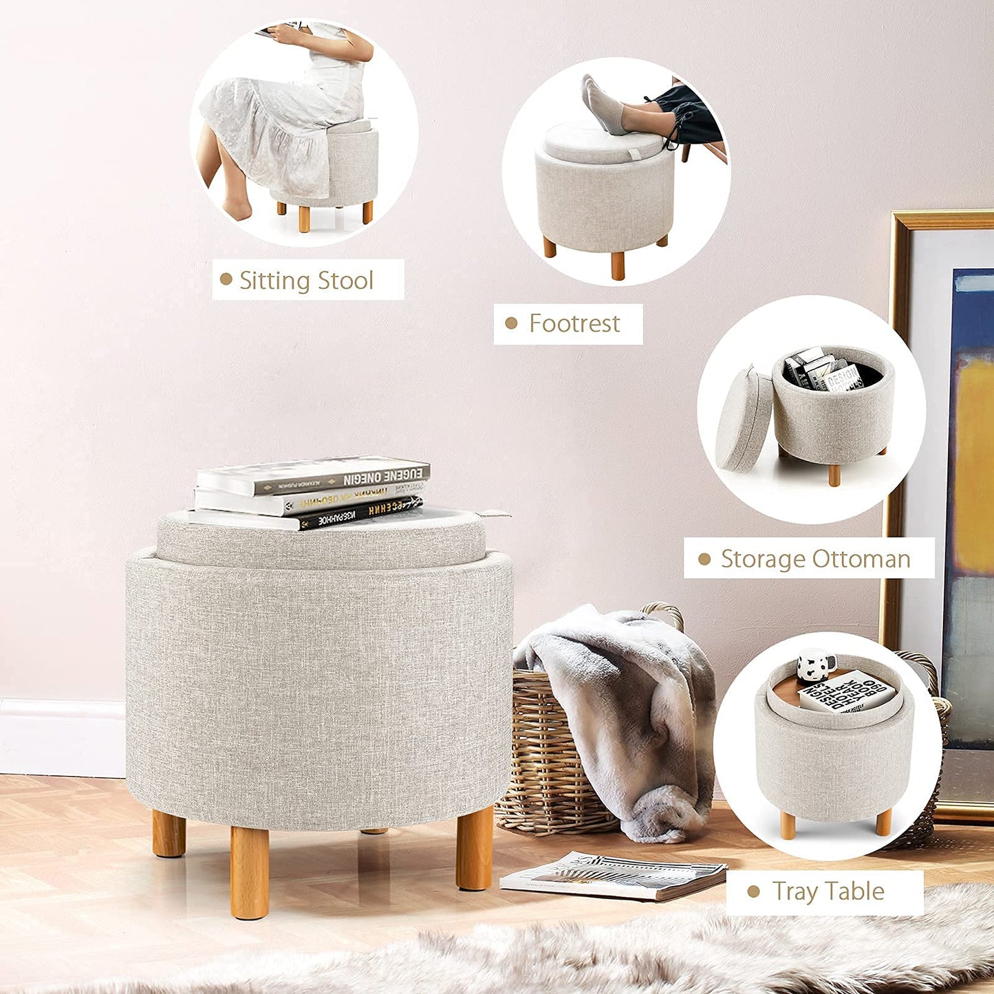 Giantex Round Storage Ottoman with Tray Lid, Accent Storage Footstool w/Soft Padding, Fabric Sitting Stool w/Solid Wood Legs & Non-Slip Pads, Tray Top Coffee Table for Living Room, Bedroom (Beige)