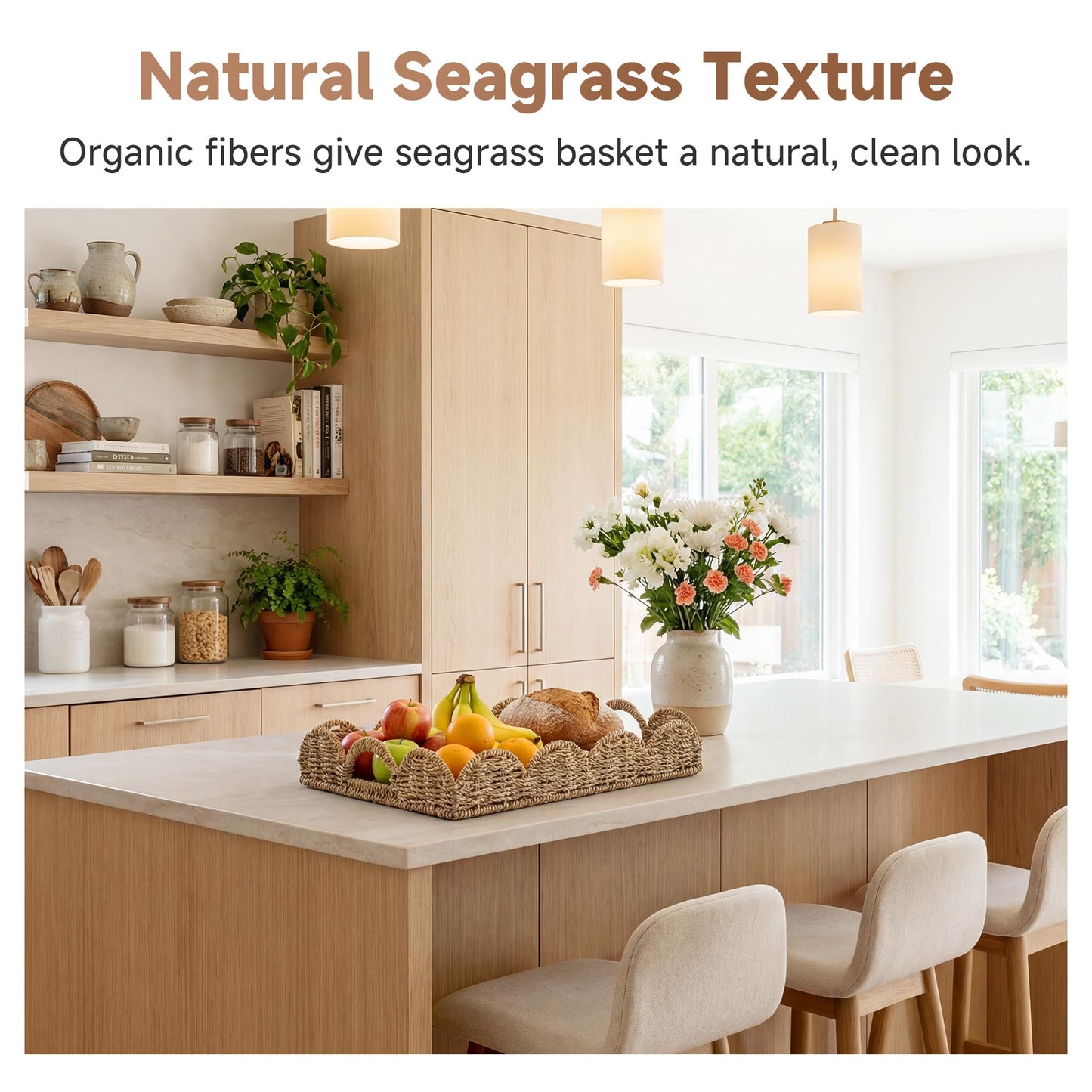 StorageWorks Rectangle Wicker Scalloped Tray, Rattan Serving Trays with Handles, Seagrass Basket for Decorative & Organizing, 15.75" L x 11.5" W x 2.75" H