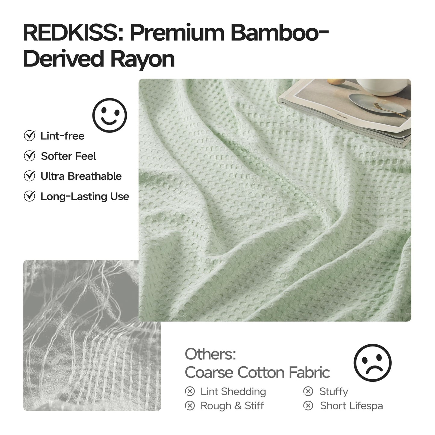 REDKISS Waffle Cooling Throw Blanket for Couch 60" x 90" - Lightweight Breathable Viscose Derived from Bamboo for Hot Sleepers, Soft Summer Blanket for Bed, Sage Green