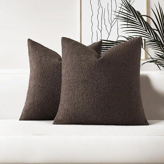 HAUSSY Set of 2 18x18 Decorative Throw Pillow Covers, Soft Cozy Textured Boucle Couch Cases, Home Decor for Couch Bed Living Room, Dark Coffee