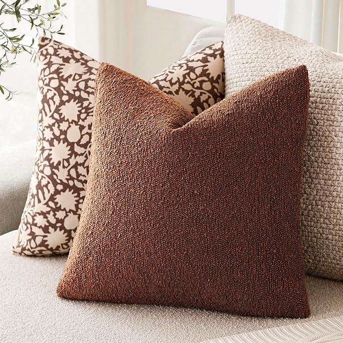 Foindtower Decorative Textured Boucle Throw Pillow Covers Accent Solid Pillow Cases Neutral Soft Cozy Couch Cushion Case for Chair Sofa Bedroom Living Room Home Decor 24x24 Inch,1PC,Red Taupe