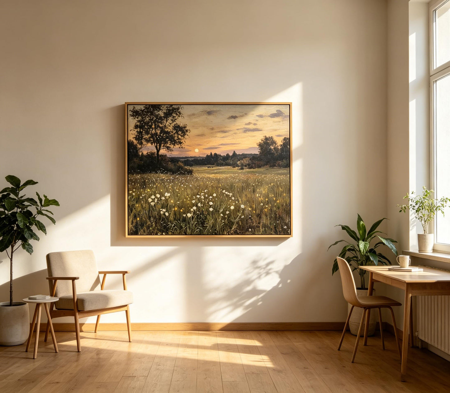Framed Vintage Farmhouse Canvas Wall Art Rustic Wildflower Field Landscape Painting Retro Country Sunset Prints Vintage Moody Landscape Prints Artwork for Living Room Bedroom Bathroom 16x24