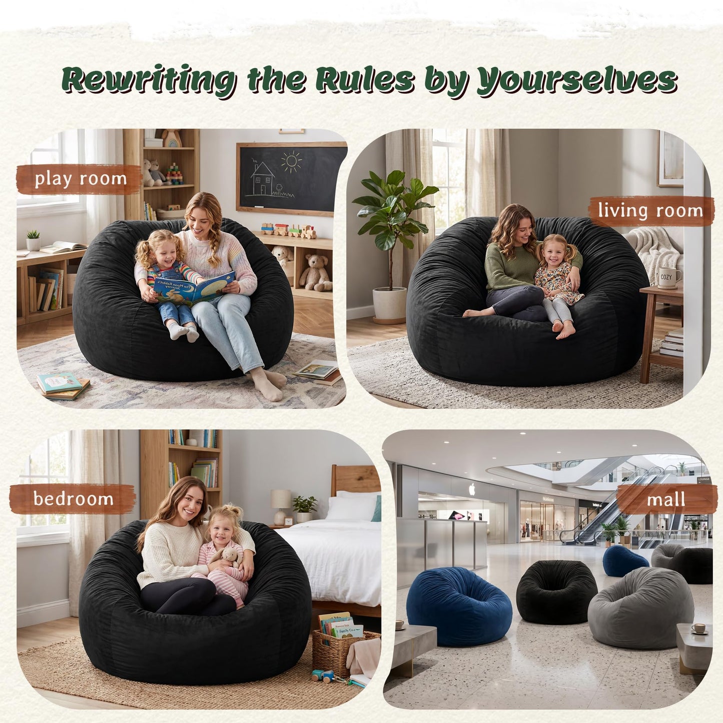 ZurNesfure Bean Bag Chairs for Adults 5FT Large Bean Bag Chair Memory Foam Filled Lazy Sofa with Removable Washable Cover Beanbag for Living Room Bedroom Dorm (Black, X-Large)