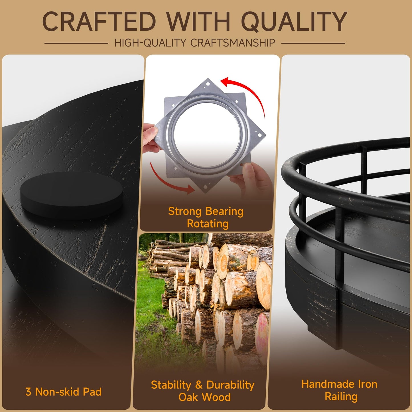 9" Oak Bathroom Vanity Tray Turntable for Perfume Candle, Round Wooden Decorative Tray for Kitchen Sink Countertop Organizer, Bathroom Counter Organizer for Skincare Makeup, Farmhouse Black Gold