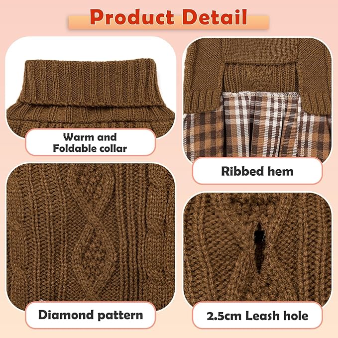 YUDODO Small Dog Sweater Dress with Bowtie Turtleneck - Knitted Pet Girl Dog Winter Clothes - Pet Warm Sweater for Puppy Yorkies, Chihuahua (L Brown)