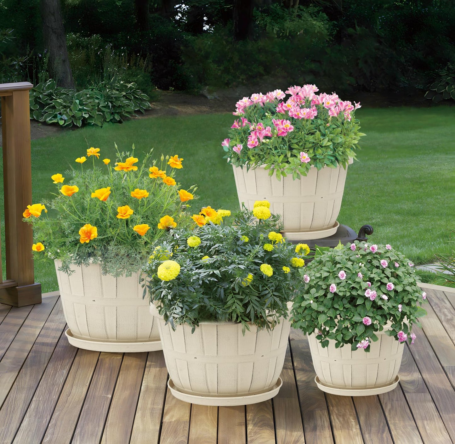 Quarut Plant Planters Pots Set of 4 Pack 16 Inch，Large Plastic Flower Pot for Indoor Plants with Drainage Holes & Trays, Whiskey Barrel Planters with Saucer for House Outdoor Garden Plant（White）