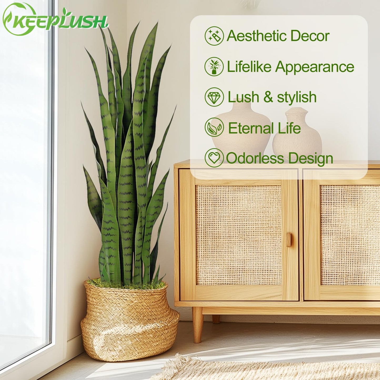 Keeplush 3ft Artificial Snake Plant – 36in Faux Sansevieria Plants, Fake Floor Plant for Indoor Outdoor, Front Porch Patio Home Office Decor, Mother-in-Law’s Tongue, Green 1Pcs