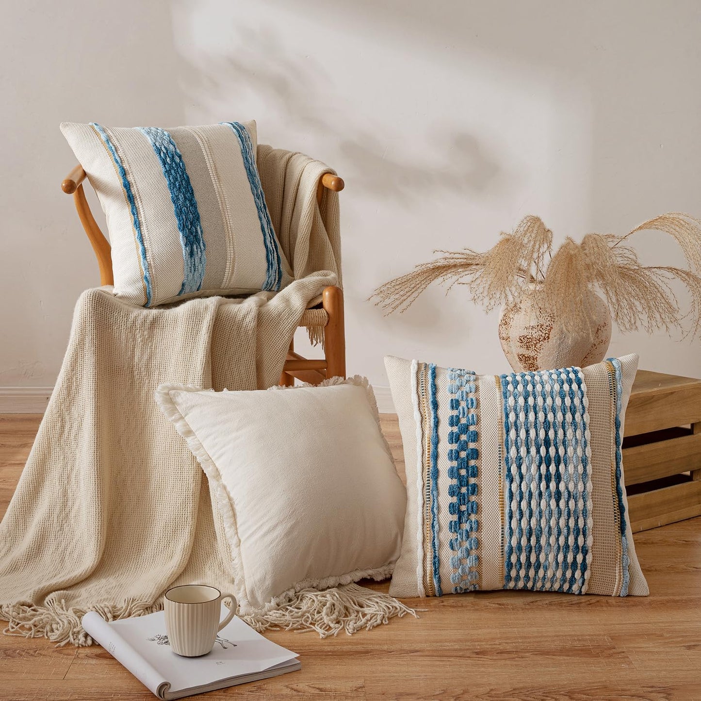 ANRODUO Pack of 2 Boho Decorative Throw Pillow Covers 18x18 Farmhouse Cushion Case Striped Chenille Pillow Cases Coastal Throw Pillows Accent Neutral Pillowcase for Sofa Couch Bed, Sky Blue Stripe