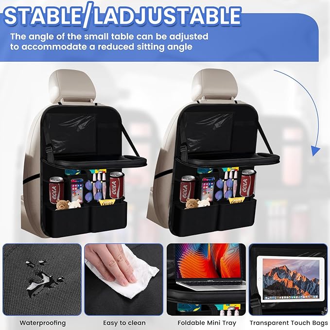 The car rear seat storage unit comes with a flat rack, 13 storage compartments, a foldable tray table, a rear seat kick pad, and can hold snacks and toys. It's black (1 piece【Dining table style】)