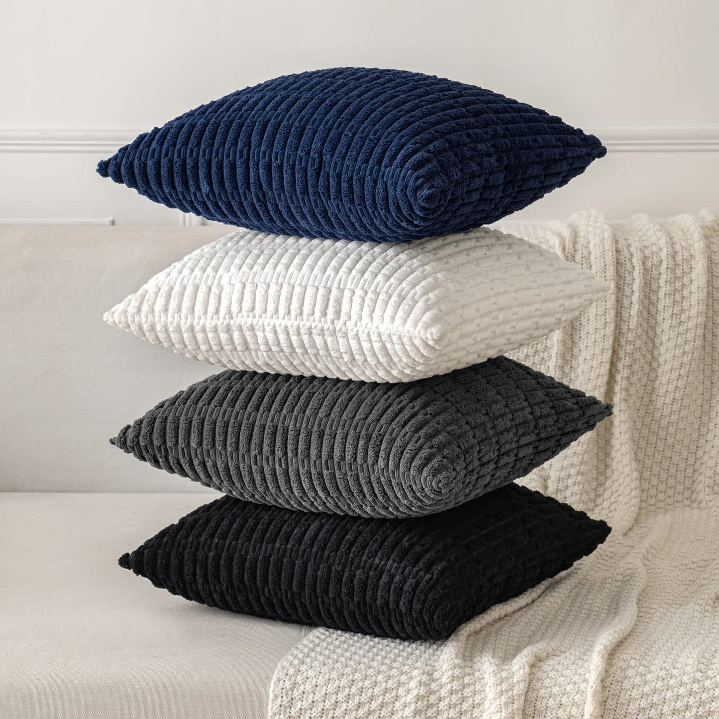 MIULEE Pack of 2 Corduroy Decorative Throw Pillow Covers 20x20 Inch Soft Boho Striped Pillow Covers Modern Farmhouse Home Decor for Summer Coastal Sofa Living Room Couch Bed Dark Blue