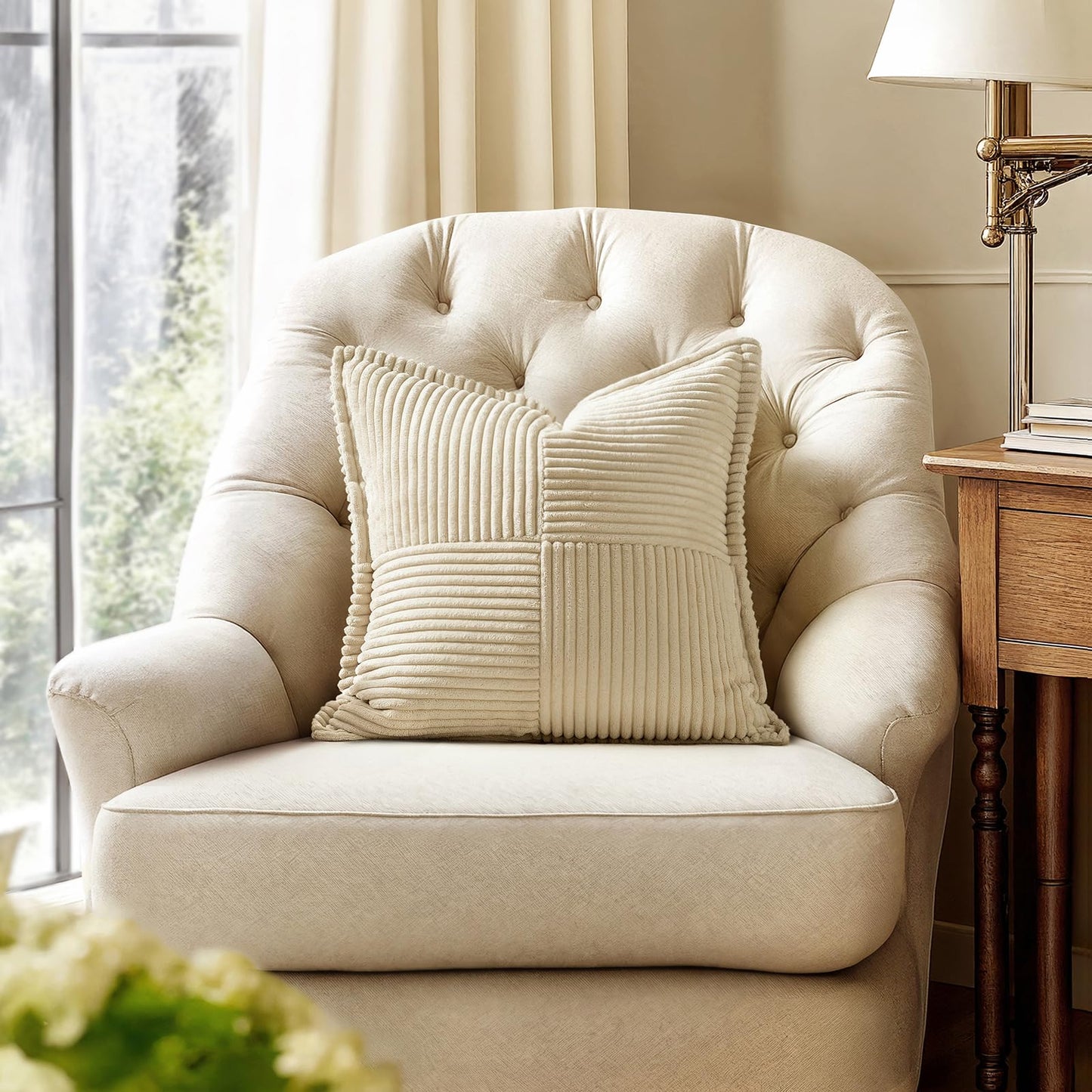 MIULEE Cream Corduroy Decorative Euro Sham Pillow Covers 24x24 Inch with Splicing Set of 2 Soft Boho Pillow Covers Broadside Textured Pillowcases for Couch Bed Livingroom