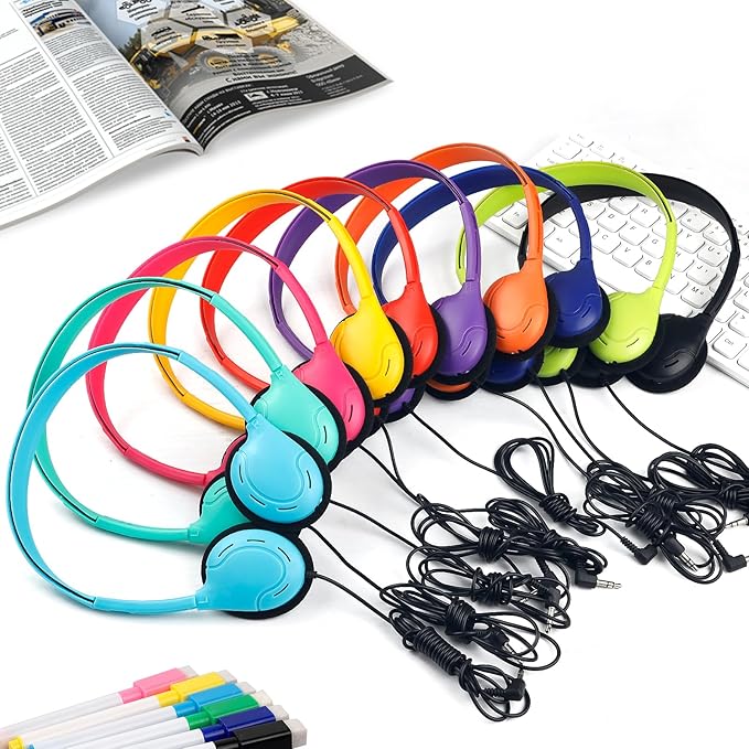 30 Pack Class Set Headphones for Students School Classroom Headphones Bulk Over The Ear Adjustable with 3.5 mm Jack for Library, Online Lesson and Testing Office,Gifts (10 Mixed Colors)