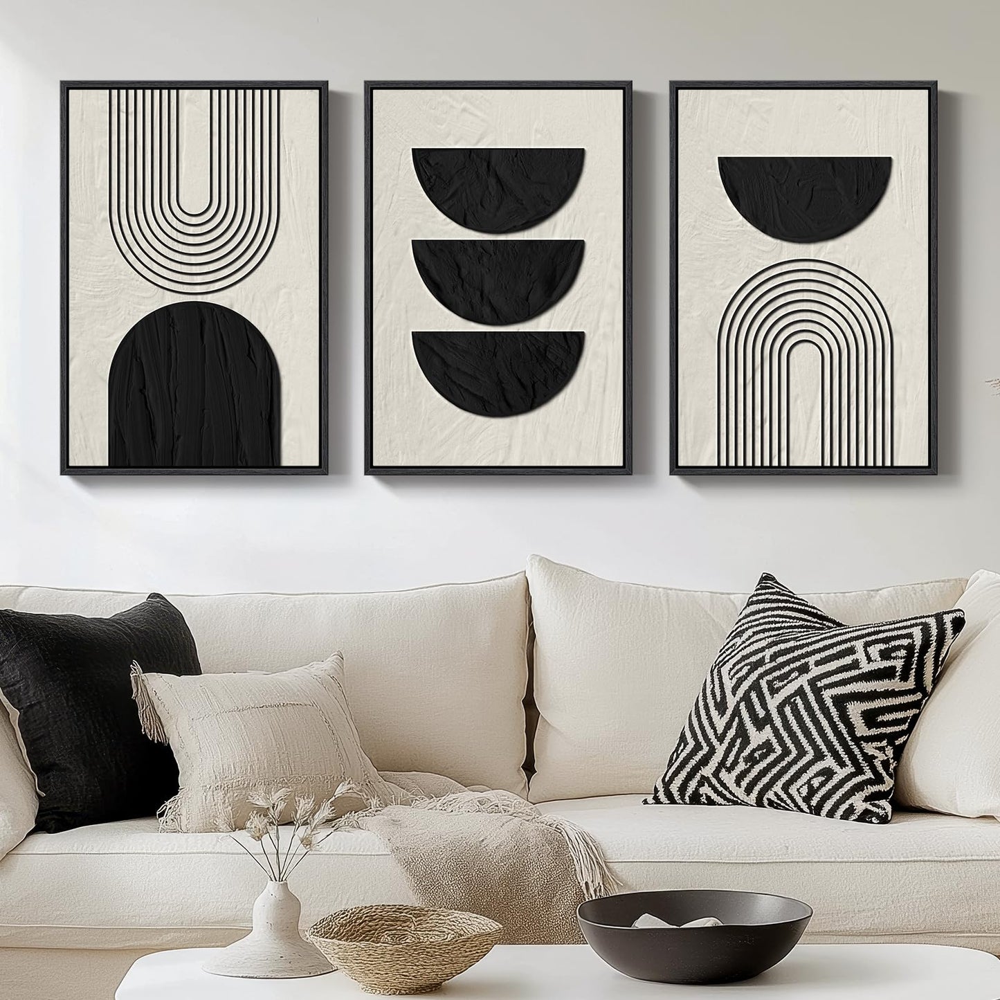 Framed Boho Black and White Abstract Wall Art, 3 Piece Modern Beige Canvas Prints Paintings Artwork for Walls, Black Geometric Pictures for Living Room Bedroom Hallway Office Wall Decor 16x24 In