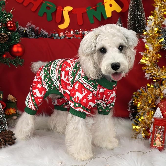 Xpudac 4 Pack Dog Christmas Pajamas Reindeer Puppy Clothes Cute Santa Claus Dog Pajamas Costumes Outfit Red Green 2XL