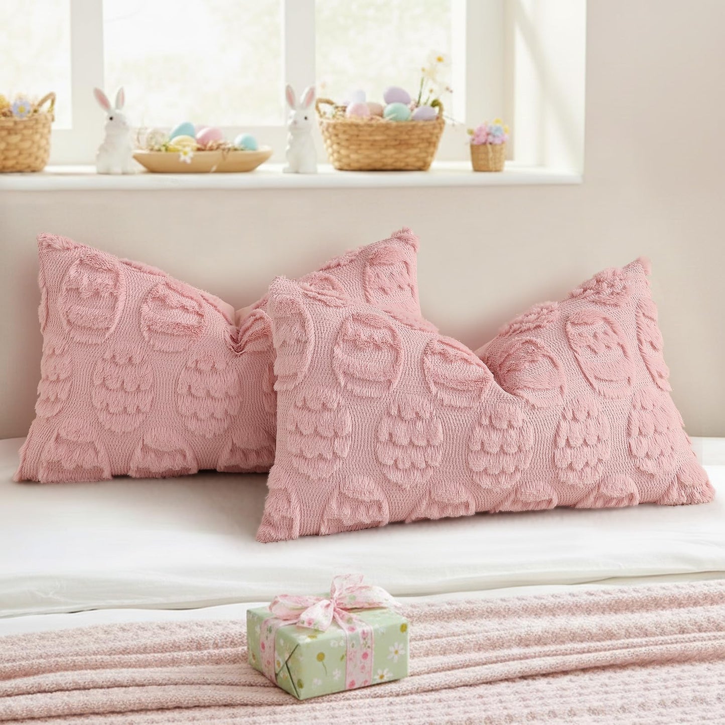 decorUhome Easter Pink Egg Pillow Covers 12x20 Inch Set of 2, Soft Plush Faux Wool Jacquard Cushion Covers, Farmhouse Neutral Fuzzy Spring Easter Holiday Decor for Couch Sofa Bed