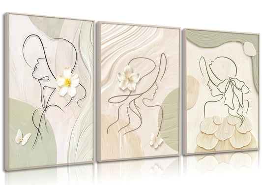 3Pcs Abstract Woman Canvas Wall Art Minimalist Line Beige and Green Girl Picture Wall Decor White Flower Texture Posters Boho Cream Neutral Painting Print Artwork for Living Room Bedroom, Unframed