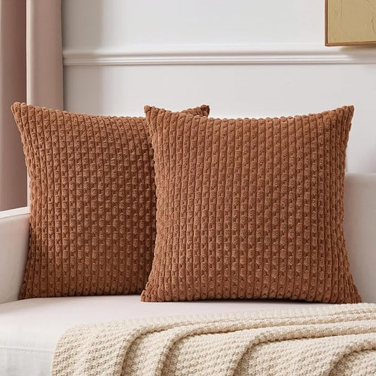 Kevin Textile Fall Decorative Pillow Covers Set of 2 Striped Plush Corduroy Pillows Pillowcases Boho Home Decor Cushion Covers for Couch Sofa Bed Living Room 18x18 Inch, Burnt Orange