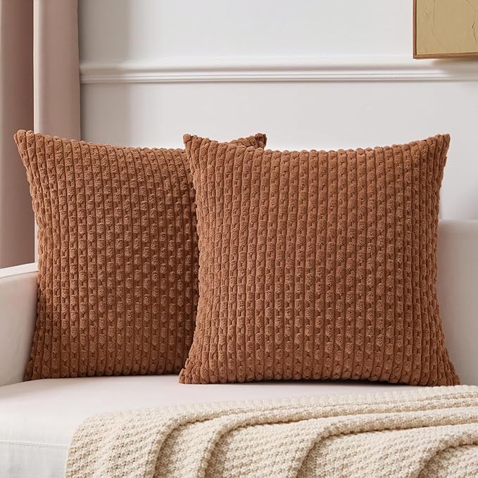 Kevin Textile Decorative Pillow Covers Set of 2 Striped Plush Corduroy Pillows Pillowcases Boho Home Decor Cushion Covers for Couch Sofa Bed Living Room 26x26 Inch, Burnt Orange