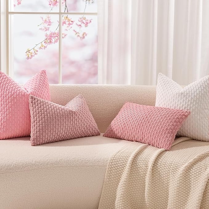 Kevin Textile Valentines Day Decorative Pillow Covers Set of 2 Striped Plush Corduroy Pillows Pillowcases Boho Home Decor Cushion Covers for Couch Sofa Bed Living Room 16x16 Inch, Pink