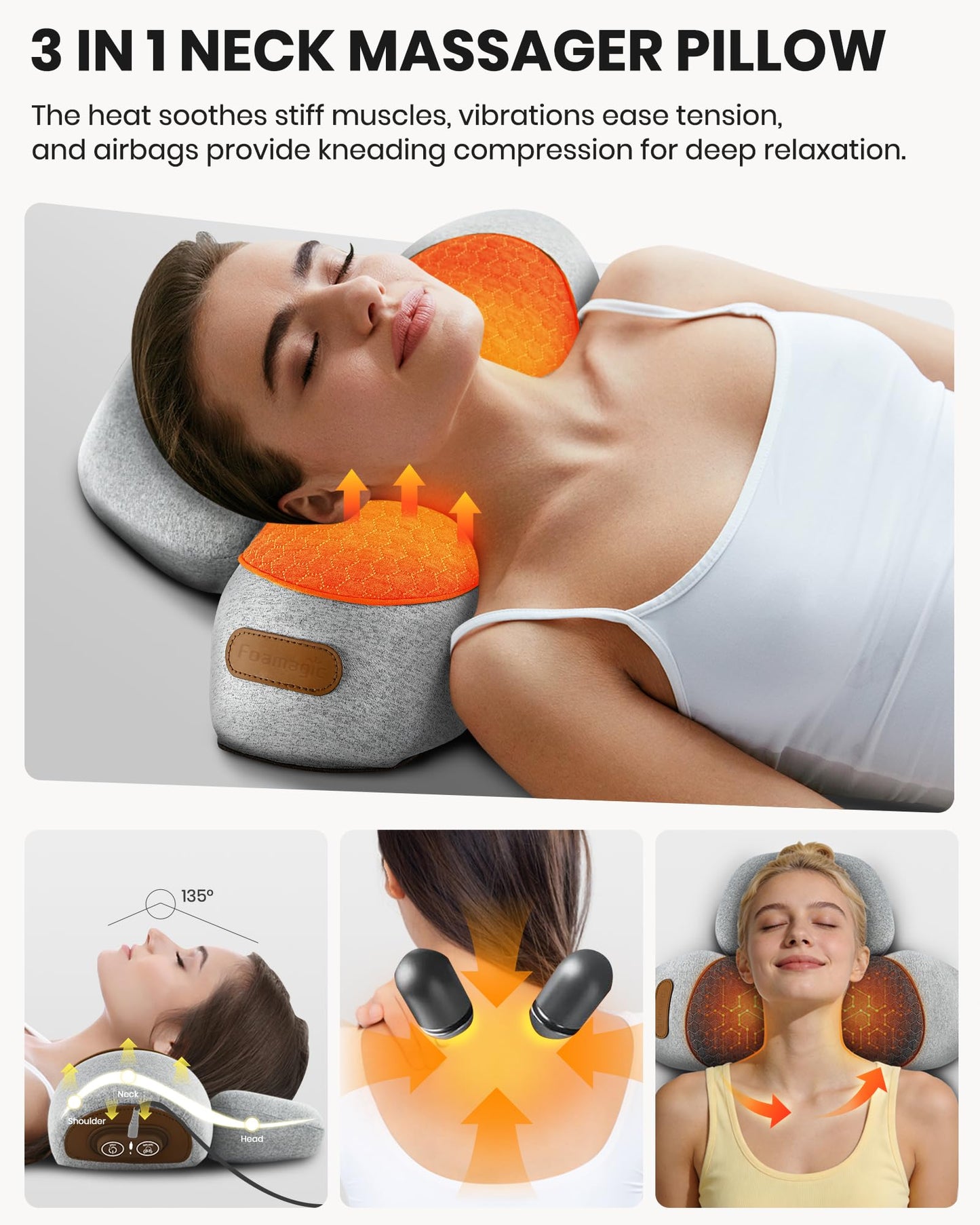 3-in-1 Neck Massager Pillow - Cervical Pillow Massage Neck Hump for Shoulder Pain Relief, Back Shoulder Massager with Kneading, Shiatsu Kneading Massage with Heating, Traction Function, Hump Corrector