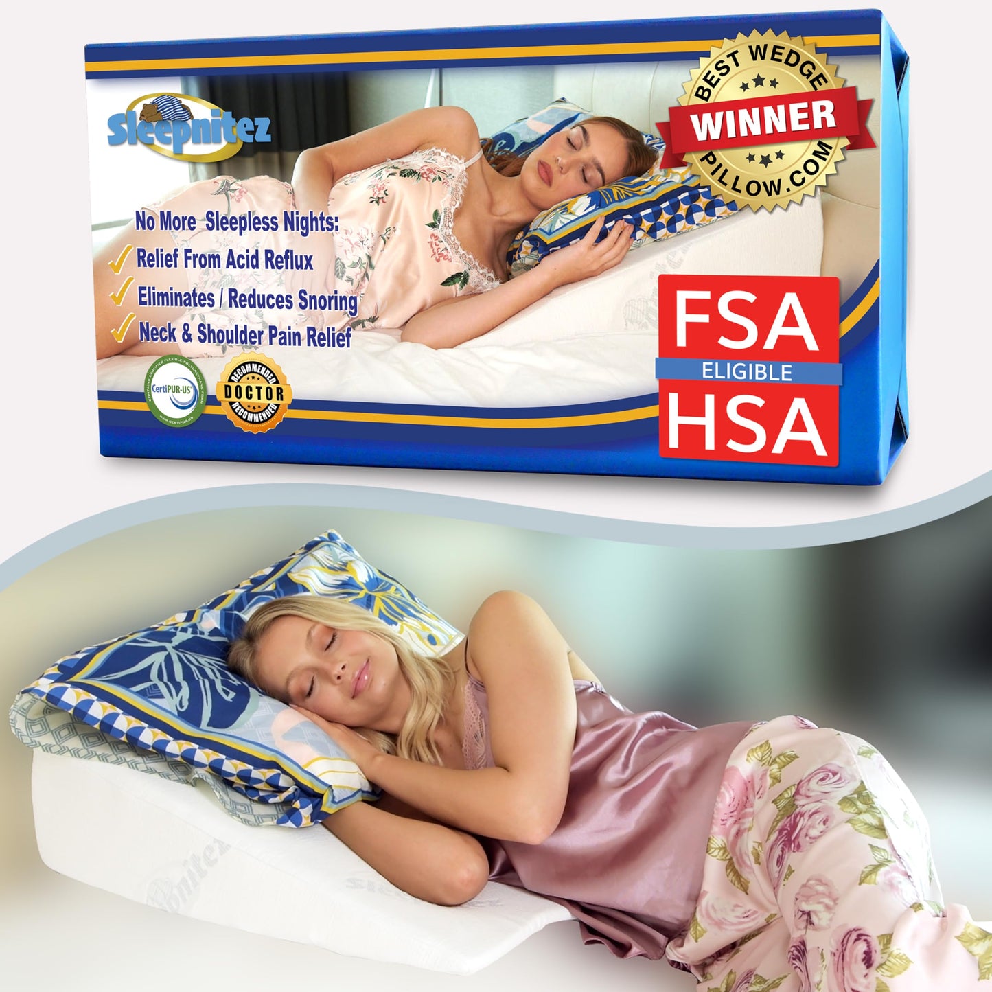 Sleepnitez Fsa Eligible 8" Bed Wedge Pillow – Memory Foam Wedge for Sleeping, Acid Reflux Pillow for Snoring, GERD, Pregnancy, Sleep Apnea, Reading – Soft Luxurious 3.25" Memory Foam Top Layer