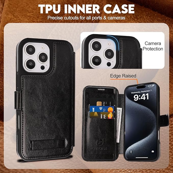 CIVICASE for iPhone 16 Pro Wallet Case with Stand,PU Leather Flip Credit Card Holder Slots (RFID Blocking),Compatible with Magsafe Magnetic Holder Phone Cover Women Men,Black