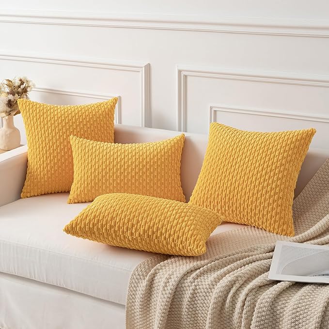 Kevin Textile 2 Packs Yellow Euro Farmhouse Decorative Throw Pillow Covers 26x26 Inch for Living Room Couch Bed Sofa Rustic Boho Home Decor Soft Striped Corduroy Square Cushion Case 66x66 cm