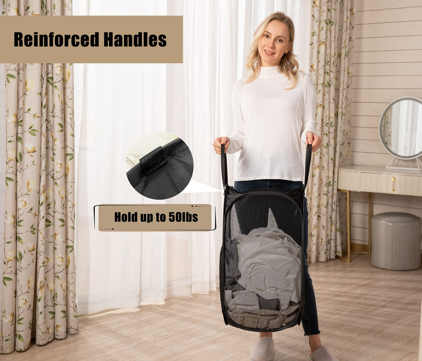 2 Pcs Strong Mesh Pop up Laundry Hamper,House Again Collapsible Laundry Basket with Durable Handles Solid Bottom High Carbon Steel Frame, Space-Saving, Easy to Open and Fold Flat for Storage(Black)