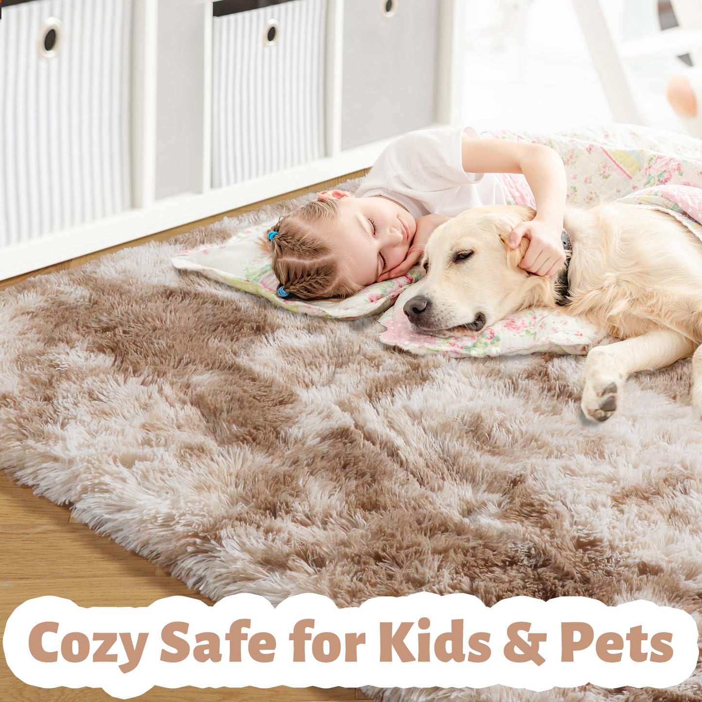 Amdrebio Tie-Dyed Beige Tan Rugs for Bedroom Living Room, Cute Fluffy Plush Neutral Area Rug 4x6 for Kids Room Decor Aesthetic, Soft Furry Fuzzy Shaggy Carpet for Baby Nursery Playroom Preppy Dorm