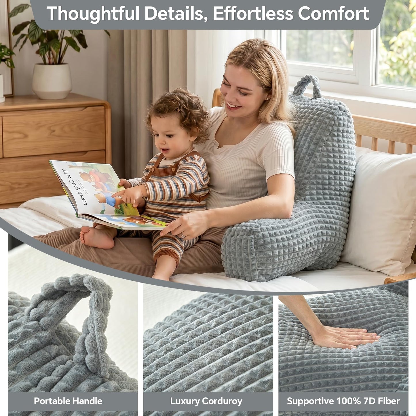 Wervity Sit Up Pillow for Reading Nook,Oeko-TEX Certified Odorless Flannel Backrest Pillow with Arms,17'' Tall Cozy Snuggle Back Rest for Teens,Compact Back Support,Size-M,Gray