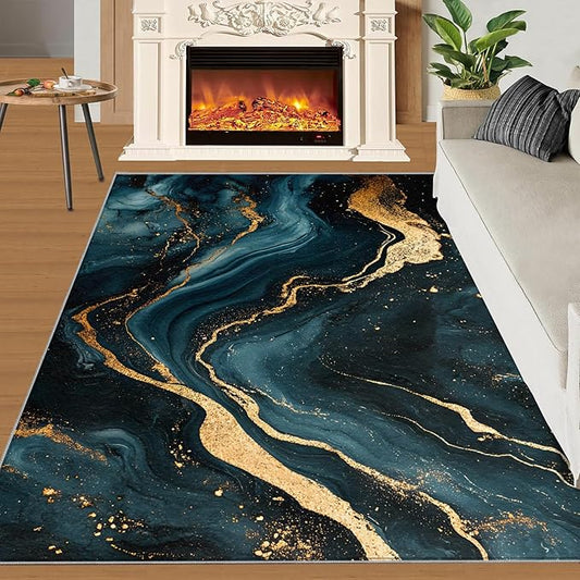 Marble Washable Area Rugs 6x8 Non-Slip Fluid Art Living Room Rug Gold Lines Soft for Carpet Low Pile Indoor Door Mat & Room Decor