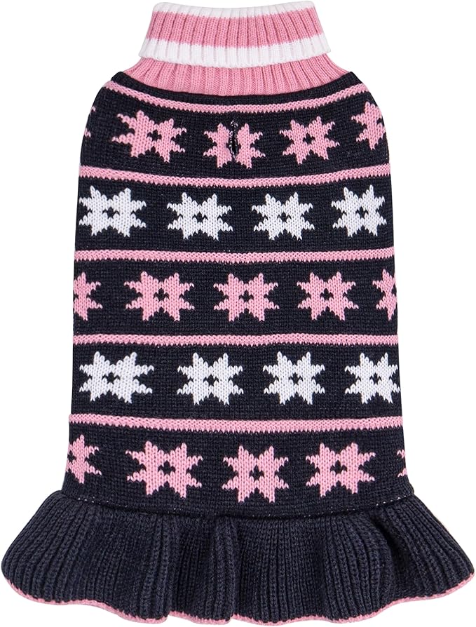 KYEESE Dog Sweater Warm Dog Clothes Fall Winter Pet Coats for Girl Puppy Sweater Dress with Leash Hole for Small Dogs Knit Turtleneck Pullover with Snow Flake Pattern, Girl Navyblue, Medium