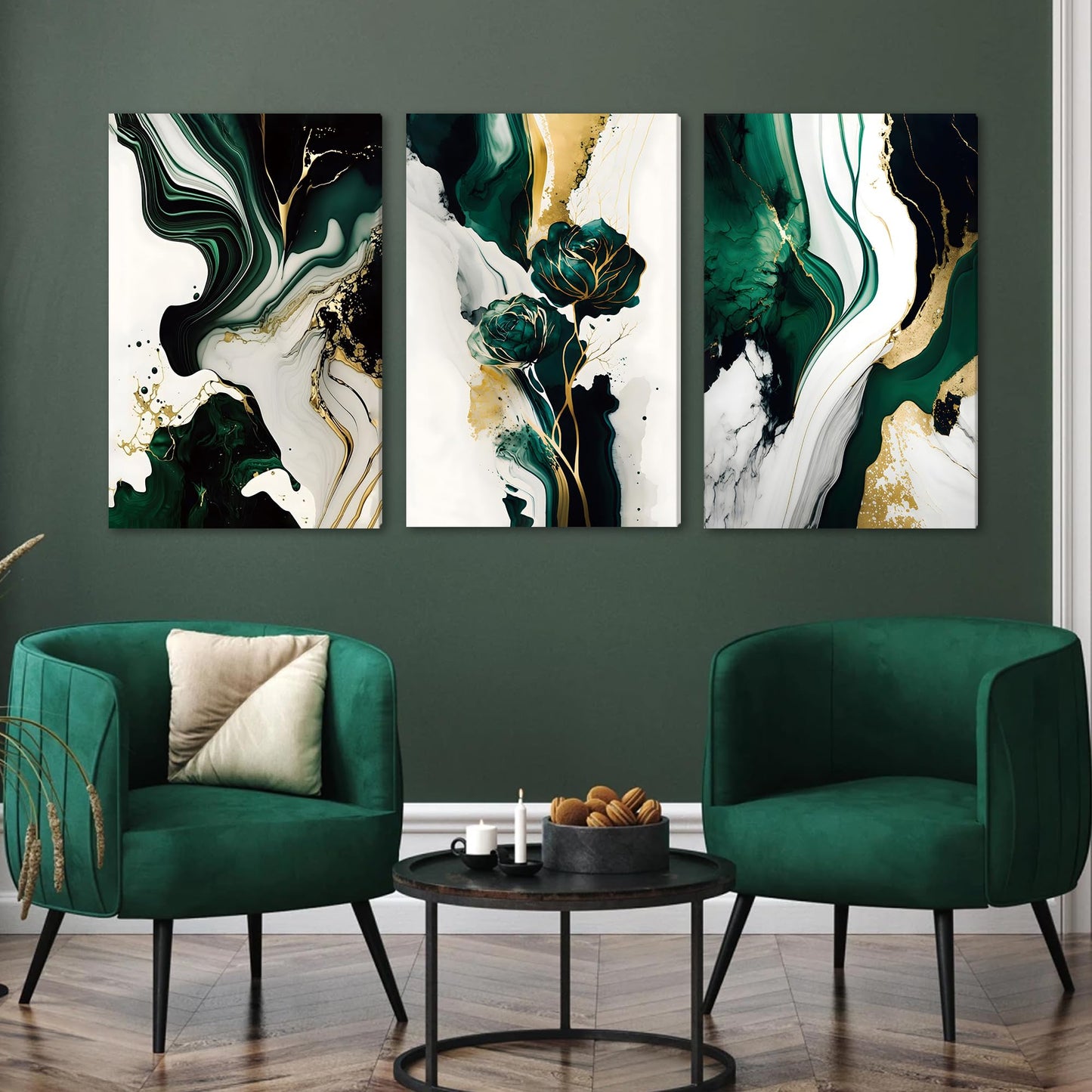 EJPFOGV Large Framed Abstract Wall Art Set of 3, Green and Gold Marble Texture with Floral Motif, Easy to Hang & Fade Resistant Art Prints, Wall Decor for Bedroom, Living Room, Home Office, 24x36 Inch