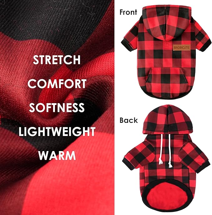 BAOBICUTE Dog Basic Hoodie Soft Dog Clothes Cold Weather Sweaters for Medium Large Dogs Cozy Fabric Warm Sweatshirt with Leash Hole (Red Plaid, M (Back: 16.54",Chest: 22.05", Neck: 16.54"))