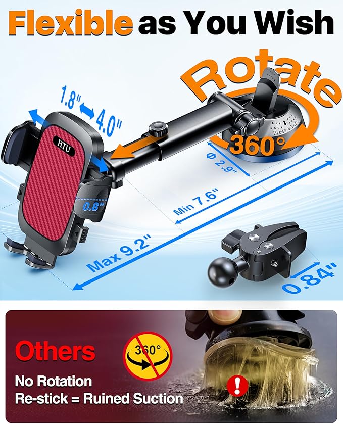 2026 Ultimate Best【True Military-Grade & Safety Cert】Car Phone Holder HTU【Upgraded 5-in-1 & 100+LBS Strongest Suction】360 Rotation Truck Windshield Dashboard Vent Mount Stand for iPhone Android, Red