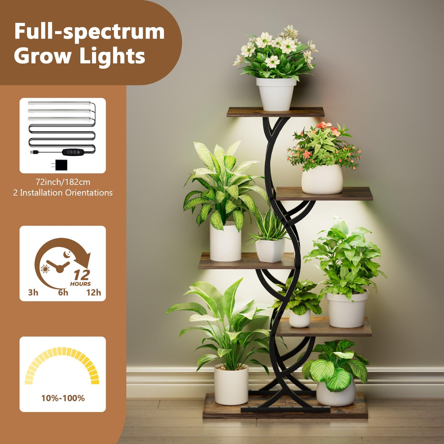 Plant Stand Indoor with Grow Lights - 5 Tiered Corner Plant Shelves (Black)