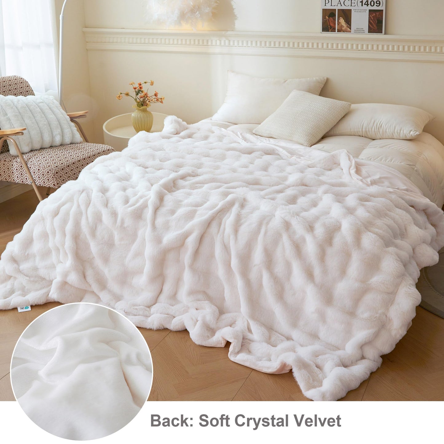 LIFEREVO Luxury Faux Rabbit Fur Queen Size Throw Blanket, Soft Cozy and Plush Shaggy Waffle Big Bubble Fluffy Warm Blankets for Bed Couch Sofa, Cute Fuzzy Furry Home Decor for Women, 90x90, White