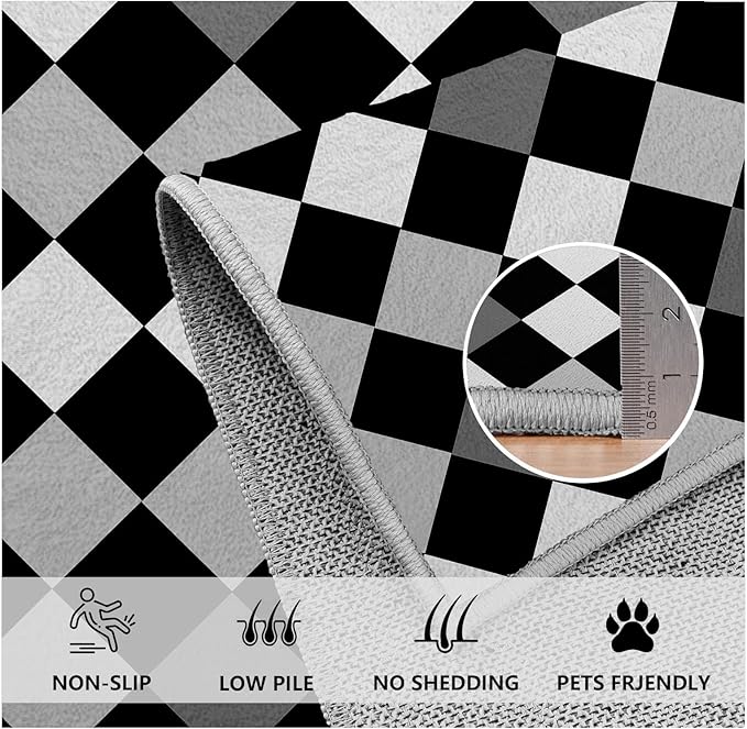 Black and White Rug 7x10, Rhombus Geometric Soft Ultra Soft Faux Wool Low Pile Rug, Indoor Floor Mats Carpet, Non-Slip Stain Resistant Washable Rugs, Modern Abstract Checkered Rugs for Living Room