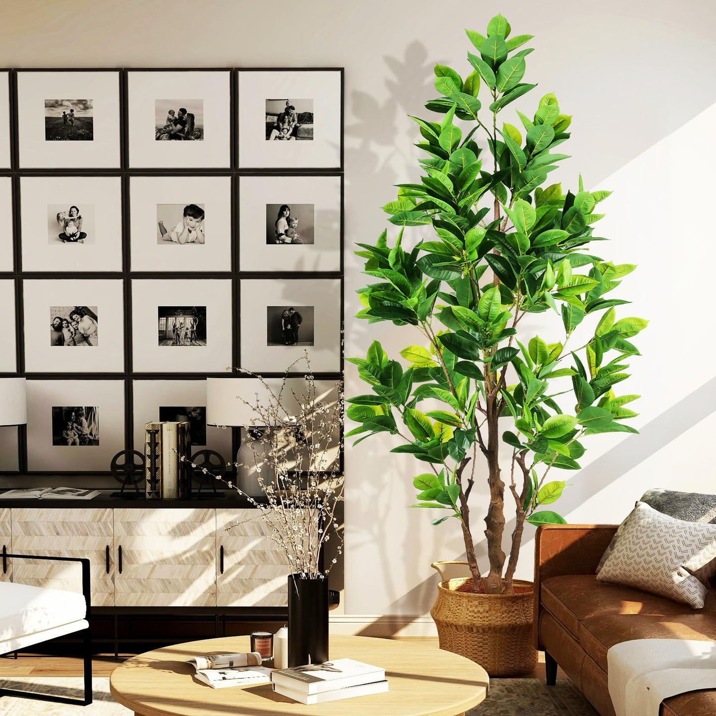 OXLLXO 7.2ft Artificial Rubber Tree (85in) with Plastic Nursery Pot Fake Tree, Faux Ficus Plant for Office House Farmhouse Living Room Home Decor (Indoor/Outdoor)