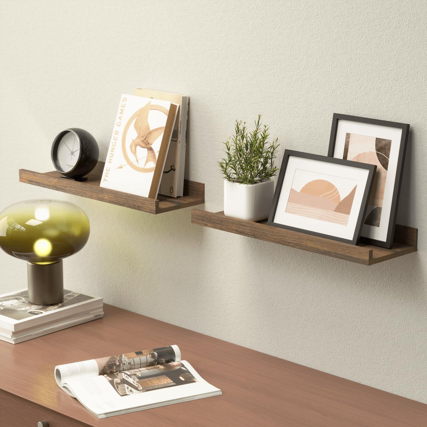 Boswillon Floating Shelves for Wall, Wall Mounted Shelves Set of 2, Rustic Shelves with Lip, Display Picture Ledge Shelf for Wall Decor Living Room Bathroom Kitchen - Brown