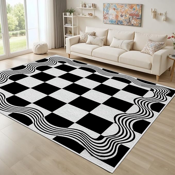Checkered Area Rug, Checkerboard Rug, Geometric Plaid Washable Rugs 3x4, Modern Checkered Area Rugs, Wavy Line Carpet Non Slip for Bedroom Retro Home Decor Door Mat