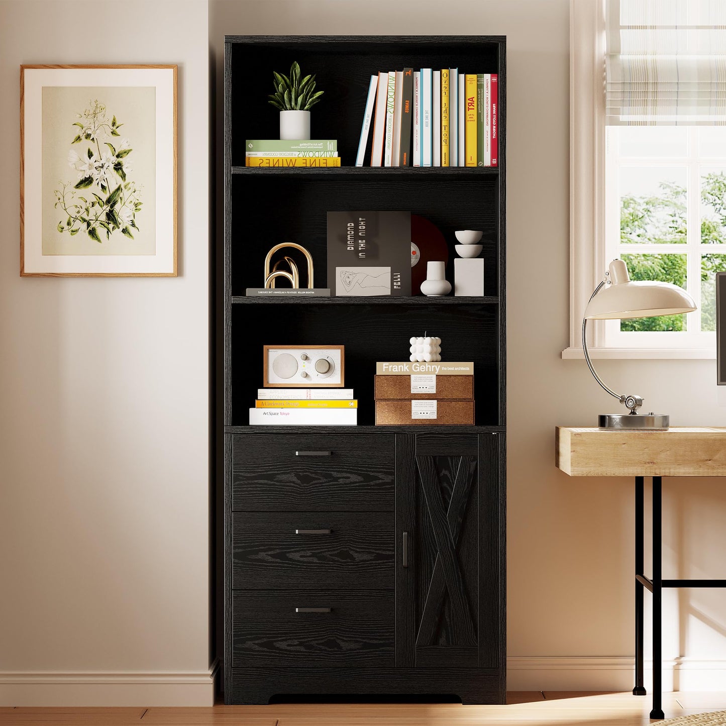 IRONCK Bookshelf with Doors and 3 Drawers 71 in Tall Bookcase with 3-Tier Shelves, Industrial Book Shelf with Storage for Living Room Entrance Hallway Home Office, Black